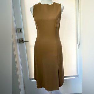 Theory Crewneck Fit and Flare Wool Midi Dress Camel Sz 2